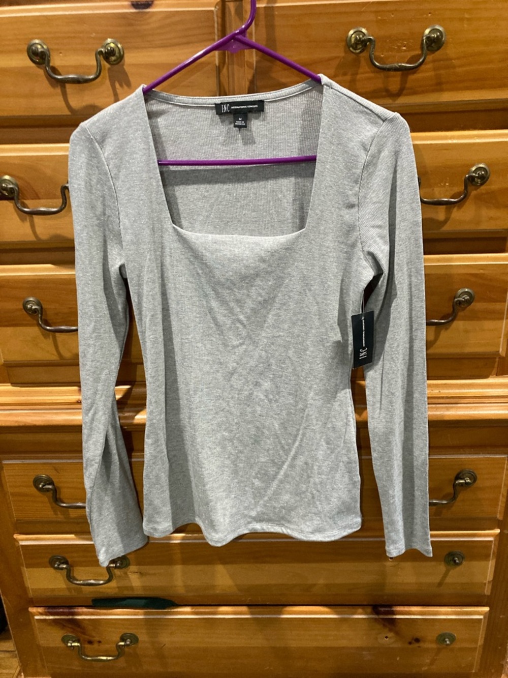 INC International Concepts Light Gray Metallic Square Neck Long Sleeve Top